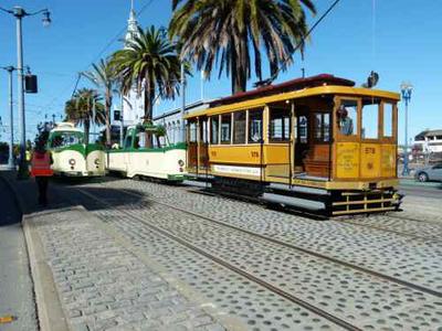 Two Blackpool “boat car” trams from 1934.  That’s not a cable car they're with!  That’s Streetcar No 578 and it was built in 1896… BEFORE the cable cars.